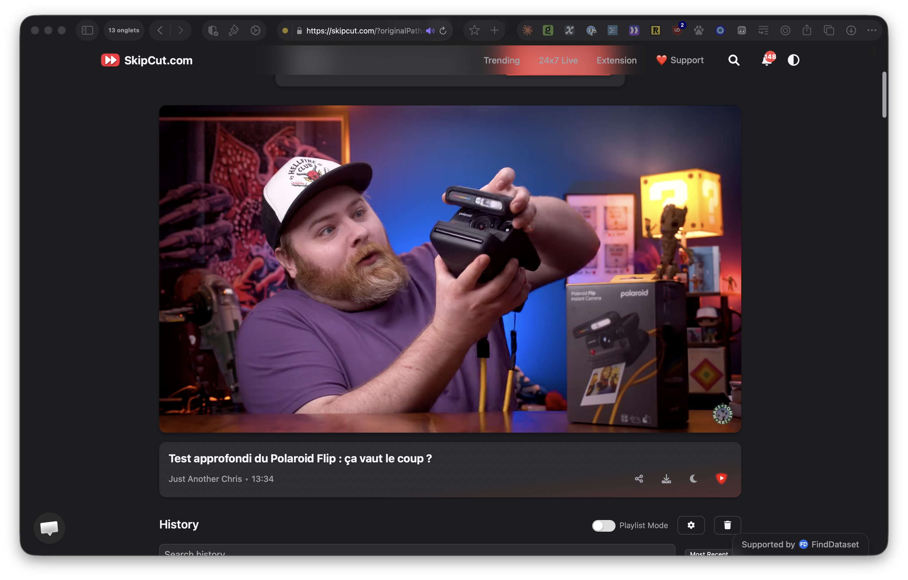 Skipcut.com interface displaying a Polaroid Flip review video without ads or suggested content, showing a clean viewing experience