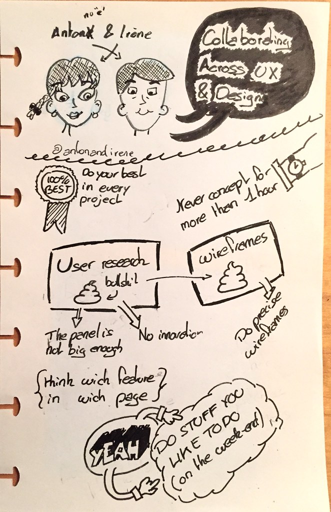 Sketchnote of Anton &amp; Irène's talk "Collaborating Across UX &amp; Design"