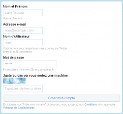 Capture d'&eacute;cran du formulaire d'inscription &agrave; Twitter dans sa version mobile